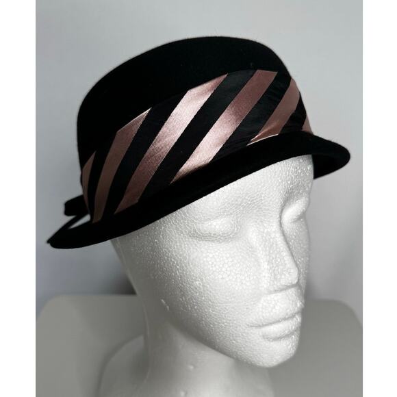 1950s–60s Austelle Black Felt Bowler Hat Pink Ribbon small main image 12
